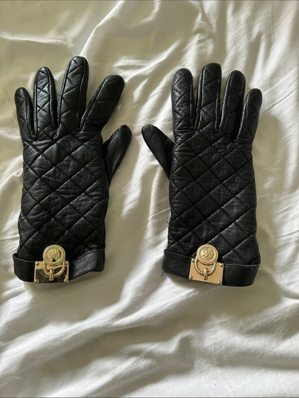 Michael Kors Black Quilted Leather Gloves with Gold Hardware